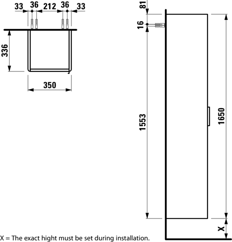 LAUFEN BASE vysoká skrinka 35x33,6x165 cm, 1 dvierka, pánty vľavo, Push-open, tmavý brest H4026711102631 Technický nákres