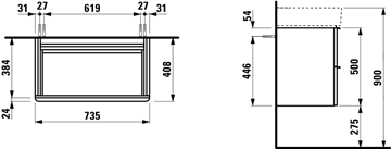 LAUFEN SPACE skrinka pod umývadlo 735x410x520mm, 2 zásuvky, matná biela H4101821601001 Technický nákres