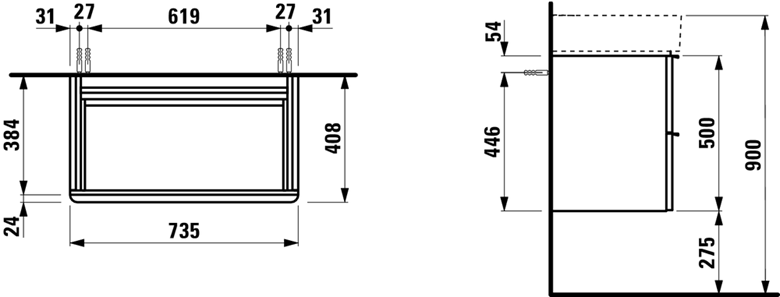 LAUFEN SPACE skrinka pod umývadlo 735x410x520mm, 2 zásuvky, matná biela H4101821601001 Technický nákres