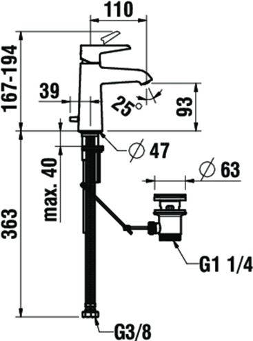 LAUFEN PURE umývadlová stojanková batéria, s odtokovou súpravou, chróm HF901701100000 Technický nákres