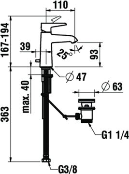 LAUFEN PURE umývadlová stojanková batéria, s odtokovou súpravou, chróm HF901701100000 Technický nákres
