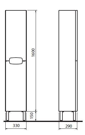KOLO REKORD vysoká skrinka 33x29x160 cm, 2 dvierka, lesklá biela 88393000 Technický nákres