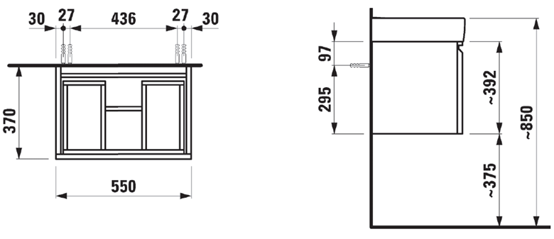 LAUFEN PRO S skrinka pod umývadlo 55x37x39, 2 cm, 1 zásuvka, s organizérom, biela H4830320954631 Technický nákres