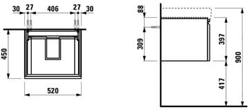 LAUFEN PRO S skrinka pod umývadlo 52x45x39, 2 cm, 1 zásuvka, wenge H4833520964231 Technický nákres