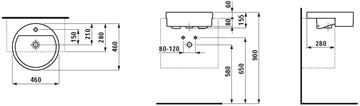 LAUFEN LIVING umývadlo 46 cm, s otvorom pre batériu a prepadom H8134310001041 Technický nákres