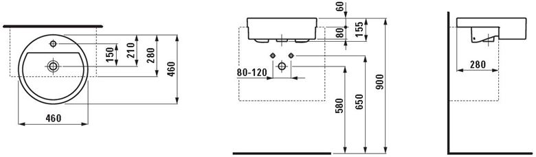 LAUFEN LIVING umývadlo 46 cm, s otvorom pre batériu a prepadom H8134310001041 Technický nákres