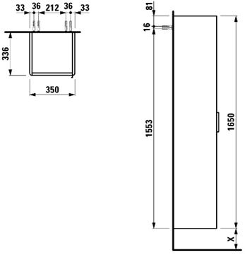 LAUFEN BASE vysoká skrinka 35x33,6x165 cm, 1 dvierka, pánty vľavo, Push-open, lesklá biela H4026711102611 Technický nákres