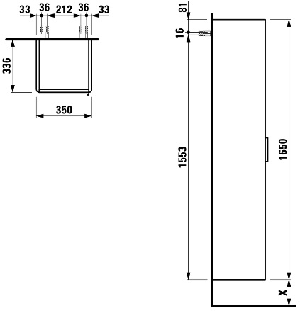 LAUFEN BASE vysoká skrinka 35x33,6x165 cm, 1 dvierka, pánty vľavo, Push-open, lesklá biela H4026711102611 Technický nákres