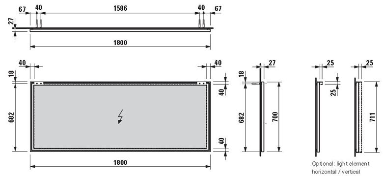LAUFEN FRAME 25 zrkadlo 180x70 cm H4474109001441 Technický nákres