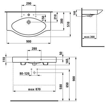 LAUFEN PALACE umývadlo 90 cm, s otvorom pre batériu a prepadom H8117020001041 Technický nákres