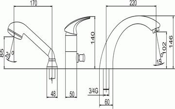 NOVASERVIS METALIA 57 batéria na okraj vane, 3-otvorová, s prepínačom, so sprchovou súpravou, chróm 57045,0 Technický nákres