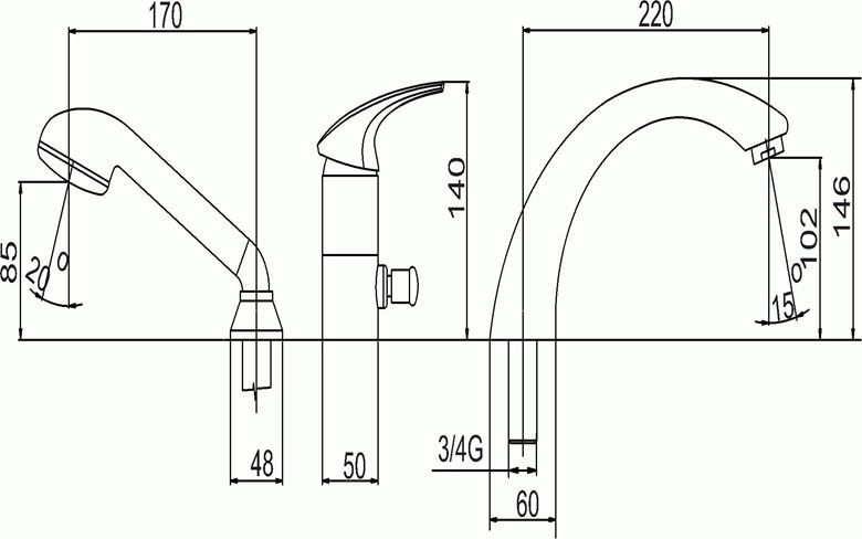 NOVASERVIS METALIA 57 batéria na okraj vane, 3-otvorová, s prepínačom, so sprchovou súpravou, chróm 57045,0 Technický nákres