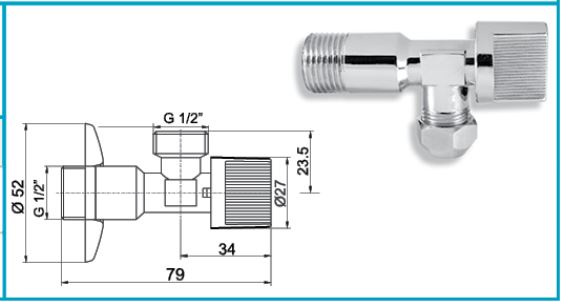 EASY rohový ventil 1/2"x1/2", chróm EAS.3003/15.CF Technický nákres