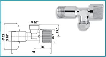 EASY rohový ventil 1/2"x1/2", chróm EAS.3003/15.CF Technický nákres