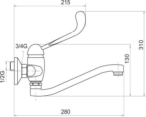 NOVASERVIS METALIA 55 drezová nástenná batéria, chróm 55070L,0 Technický nákres