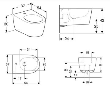 GEBERIT ONE závesný bidet so skrytým prepadom 500.690.JT.1 Technický nákres