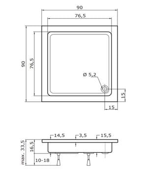 TEIKO LIBRA sprchová vanička 90x90 cm, akrylát, bez nožičiek V134090N32T01001 Technický nákres