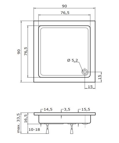 TEIKO LIBRA sprchová vanička 90x90 cm, akrylát, bez nožičiek V134090N32T01001 Technický nákres