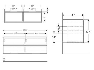 GEBERIT ONE skrinka pod umývadlá 133,2x47x50,4 cm, 4 zásuvky, Push-open, matná biela 505.266.00.2 Technický nákres