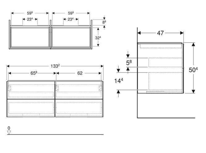 GEBERIT ONE skrinka pod umývadlá 133,2x47x50,4 cm, 4 zásuvky, Push-open, lesklá biela 505.266.00.1 Technický nákres