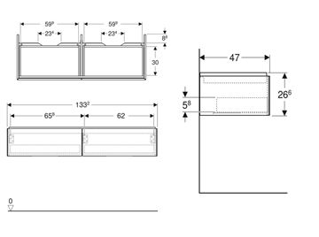 GEBERIT ONE skrinka pod umývadlo 133,2x47x26,6 cm, 2 zásuvky, Push-open, orech hickory 505.076.00.6 Technický nákres