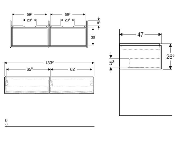 GEBERIT ONE skrinka pod umývadlo 133,2x47x26,6 cm, 2 zásuvky, Push-open, orech hickory 505.076.00.6 Technický nákres