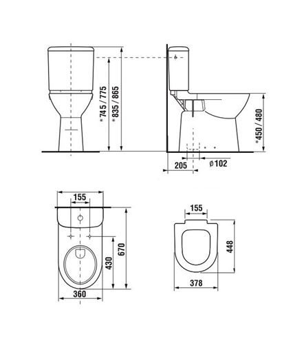 DEEP BY JIKA bezbariérová WC kombi misa, spodný odpad H8236170000001 Technický nákres