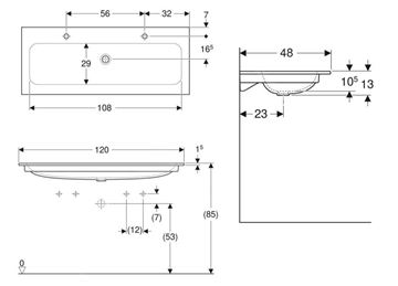 GEBERIT ICON umývadlo 120 cm, s 2 otvormi pre batérie, bez prepadu, KeraTect 501.846.00.2 Technický nákres