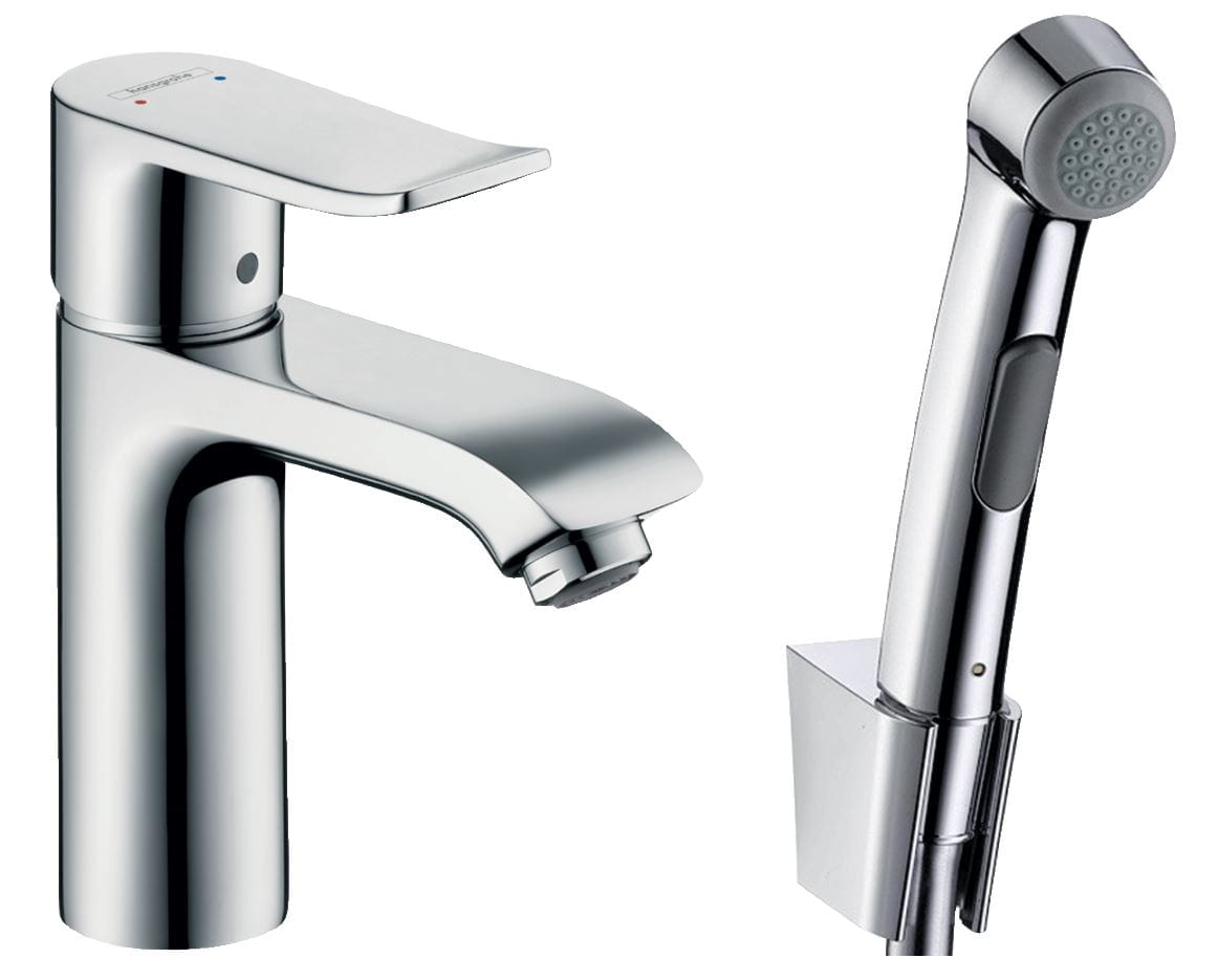 HANSGROHE METRIS umývadlová stojanková batéria, s odtokovou súpravou a bidetovou sprškou, EcoSmart, chróm