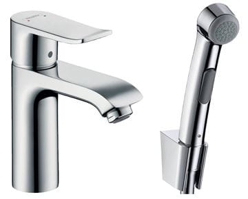 HANSGROHE METRIS umývadlová stojanková batéria, s odtokovou súpravou a bidetovou sprškou, EcoSmart, chróm