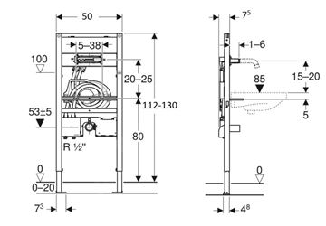 GEBERIT DUOFIX montážny rám pre umývadlo a batériu 112-130 cm, s funkčným boxom pod omietku 111.069.00.1 Technický nákres
