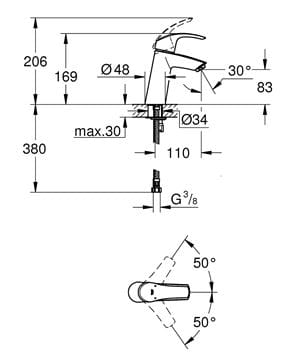 GROHE EUROSMART umývadlová stojanková batéria, chróm 23324001 Technický nákres