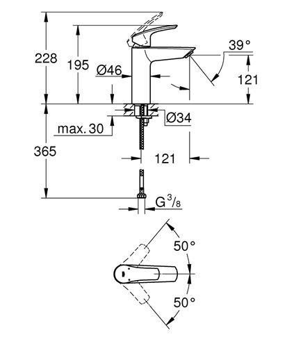 GROHE EUROSMART umývadlová stojanková batéria, chróm 23324003 Technický nákres