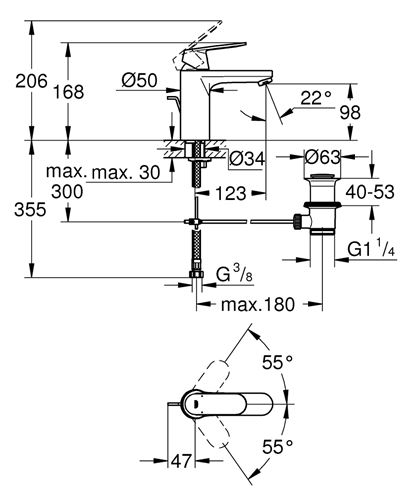 GROHE EUROSMART COSMOPOLITAN umývadlová stojanková batéria, s odtokovou súpravou, chróm 23325000 Technický nákres