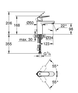 GROHE EUROSMART COSMOPOLITAN umývadlová stojanková batéria, chróm 23326000 Technický nákres