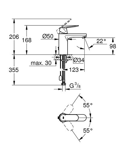 GROHE EUROSMART COSMOPOLITAN umývadlová stojanková batéria, chróm 23326000 Technický nákres