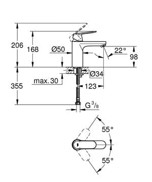 GROHE EUROSMART COSMOPOLITAN umývadlová stojanková batéria, chróm 23327000 Technický nákres