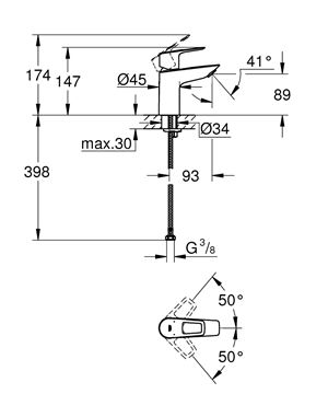 GROHE BAULOOP umývadlová stojanková batéria, chróm 23337001 Technický nákres