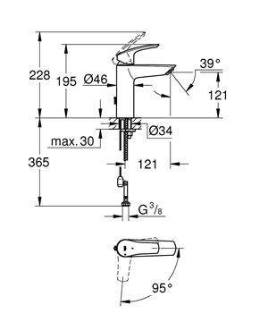 GROHE EUROSMART umývadlová stojanková batéria, studený štart, chróm 2339430E Technický nákres