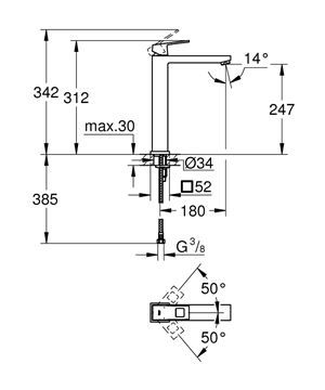 GROHE EUROCUBE umývadlová stojanková batéria, chróm 23406000 Technický nákres