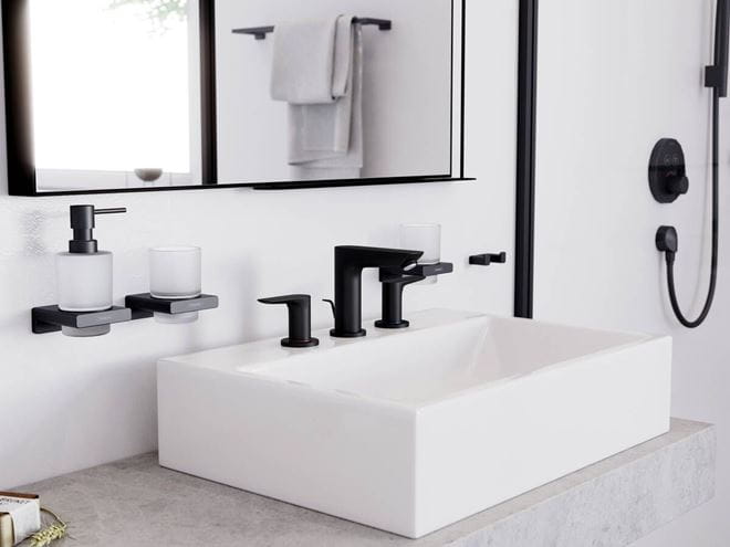 HANSGROHE TALIS E umývadlová stojanková batéria 3-otvorová, s odtokovou súpravou, EcoSmart, kartáčovaný čierny chróm 71733340 Obrázek - fotka