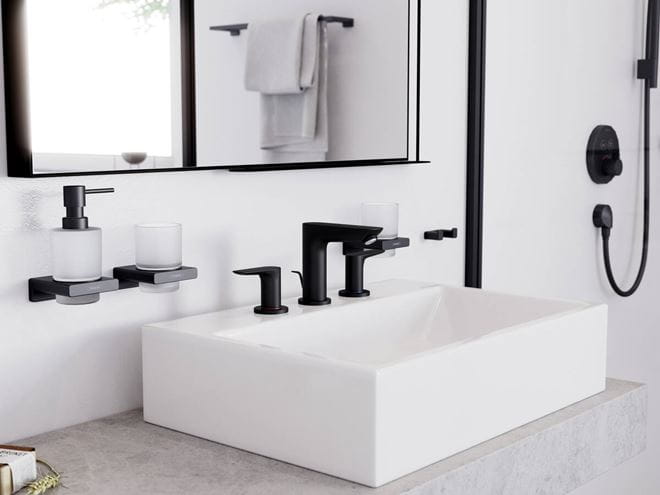 HANSGROHE TALIS E umývadlová stojanková batéria 3-otvorová, s odtokovou súpravou, EcoSmart, matná čierna 71733670 Obrázek - fotka