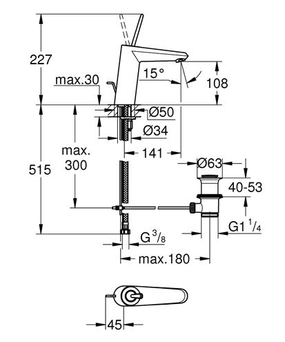GROHE EURODISC JOY umývadlová stojanková batéria, s odtokovou súpravou, chróm 23427000 Technický nákres