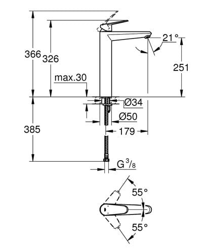 GROHE EURODISC COSMOPOLITAN umývadlová stojanková batéria, chróm 23432000 Technický nákres
