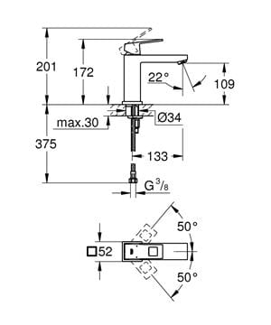 GROHE EUROCUBE umývadlová stojanková batéria, chróm 23446000 Technický nákres