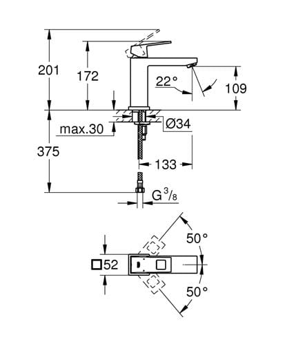 GROHE EUROCUBE umývadlová stojanková batéria, chróm 23446000 Technický nákres