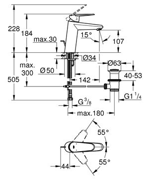 GROHE EURODISC COSMOPOLITAN umývadlová stojanková batéria, s odtokovou súpravou, chróm 23448002 Technický nákres