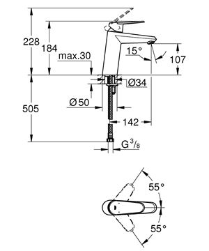 GROHE EURODISC COSMOPOLITAN umývadlová stojanková batéria, chróm 23449002 Technický nákres