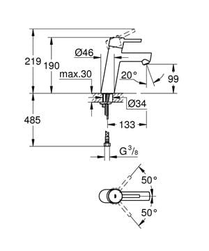 GROHE CONCETTO umývadlová stojanková batéria, chróm 23451001 Technický nákres