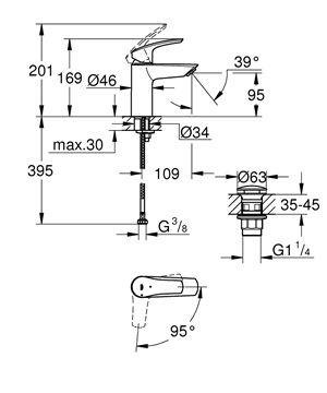 GROHE EUROSMART umývadlová stojanková batéria, s odtokovou súpravou, studený štart, chróm 23924003 Technický nákres
